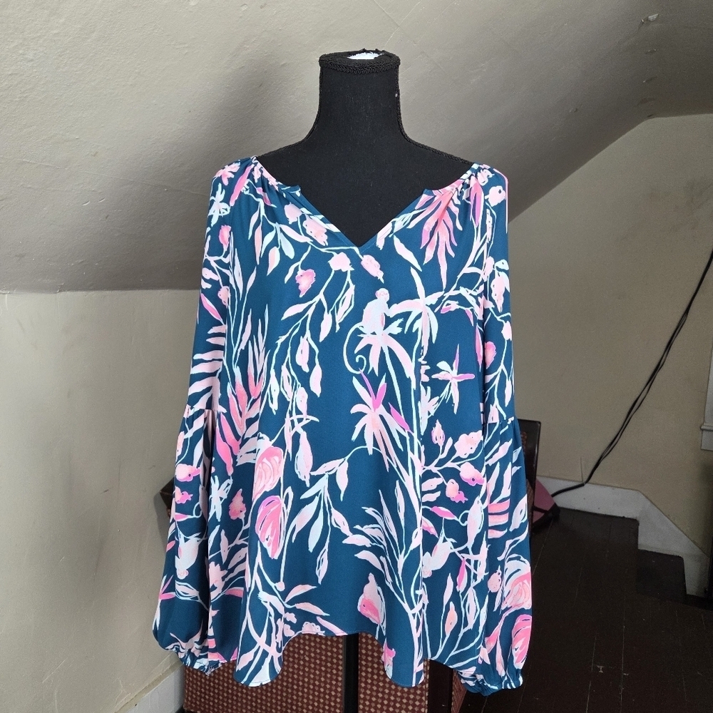 Lilly Pulitzer Amelia Floral Blouse Top Long Sleeve Off Shoulder V-Neck Size L - Picture 3 of 12